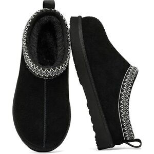 Women's Black Suede Fuzzy Slippers for  Winter Warm House Shoes Cozy Boots